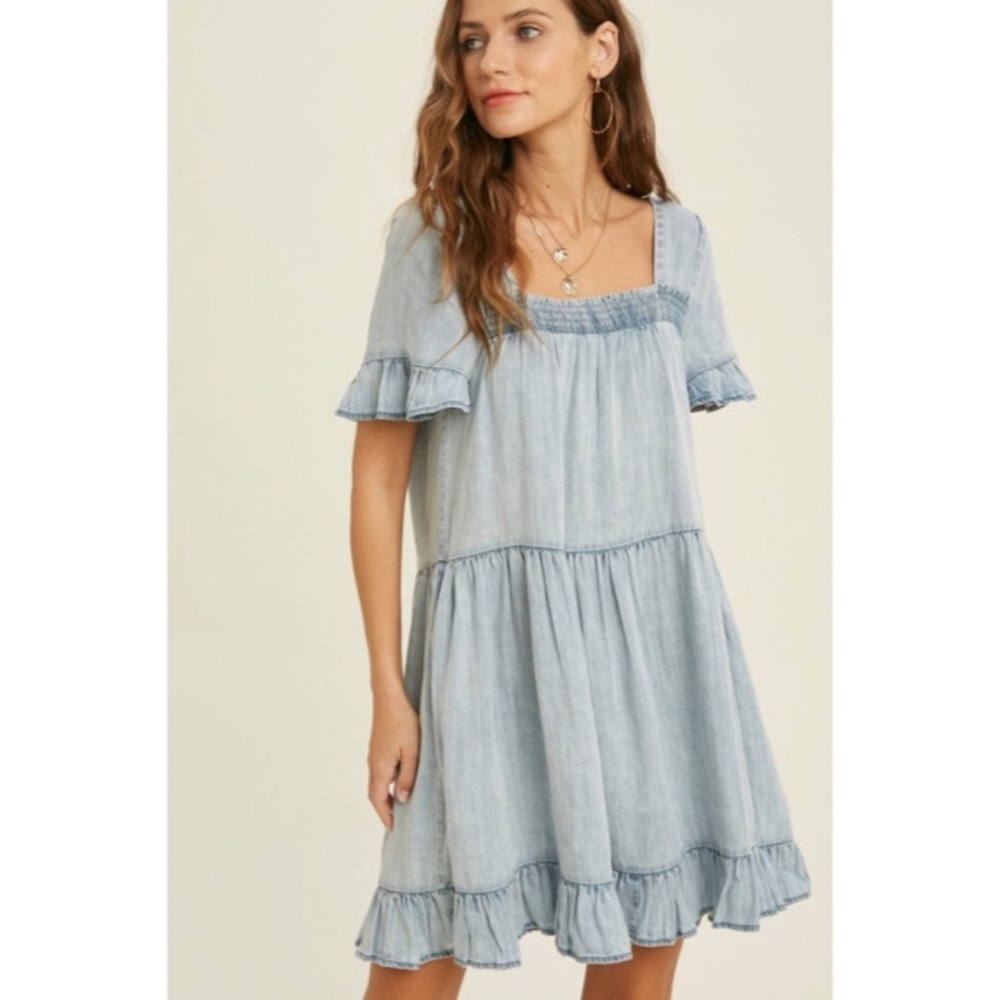 Denim Tencel Square Neck Short Sleeve Ruffle Trim Babydoll Casual Mini Dress - Picture 4 of 5